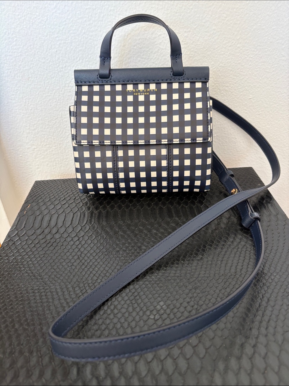Tory Burch Navy & White Gingham Mini Crossbody